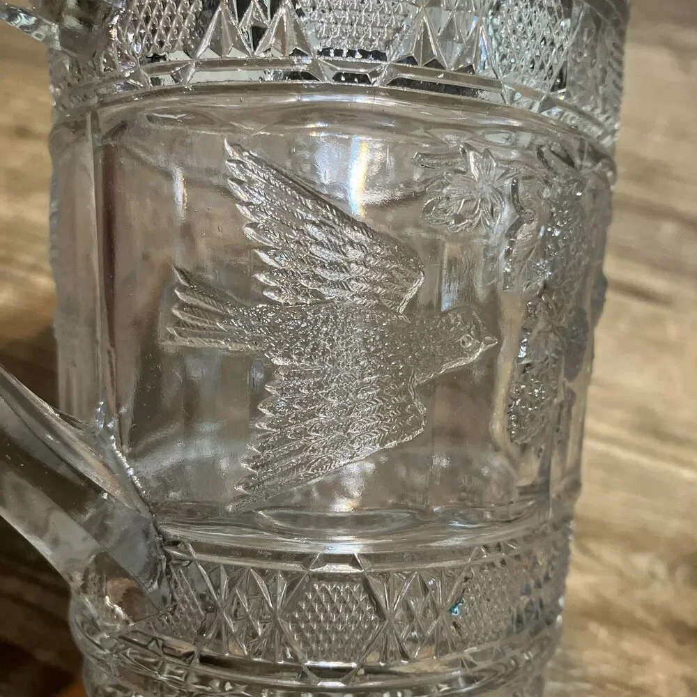 Antique EAPG Indiana Glass Footed Bowl + Creamer Set Birds Strawberries Pattern